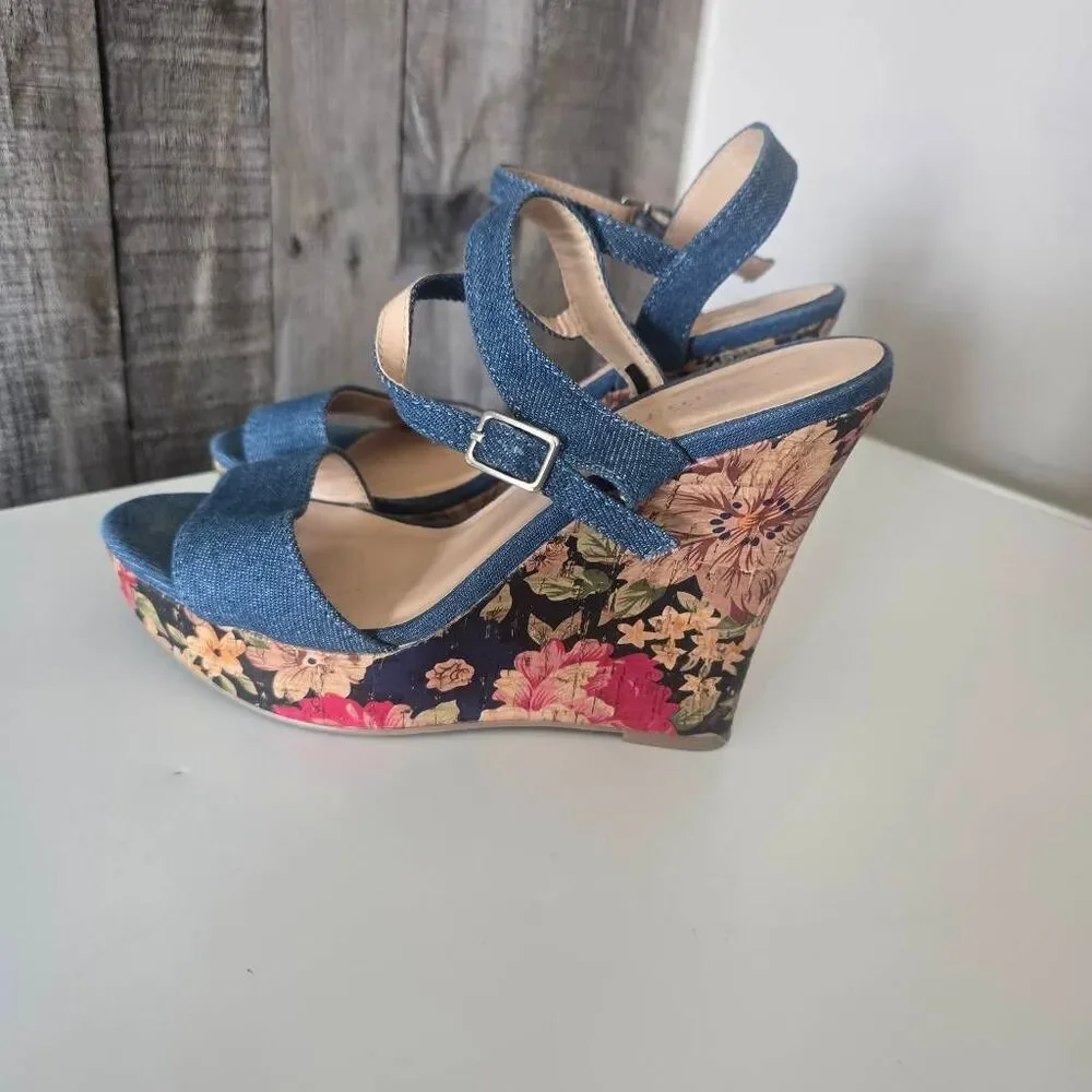 Jasmin JKriss Floral Denim Wedge Sandals 6.5 Boho Dressy Summer Coastal Beach